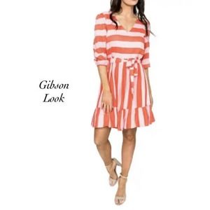 Gibson Summer Dress Blissful Pink Coral Stripe Sleeve V-Neck NWOT Size S